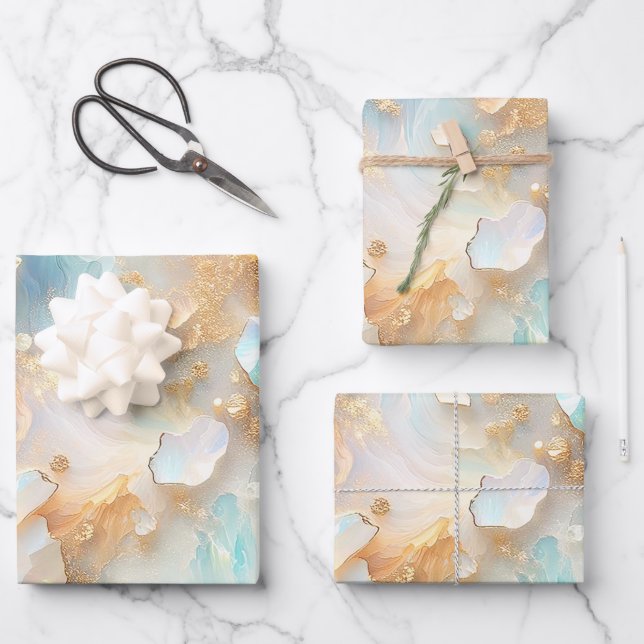 Faux Holographic Opal Moonstone Gold Butterfly Wrapping Paper Sheet (Front)