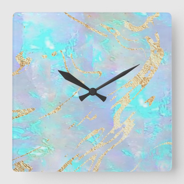 FAUX holographic opal Square Wall Clock (Front)