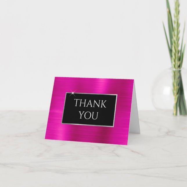 Faux Hot Pink Foil Silver and Black Thank You Card (Front)