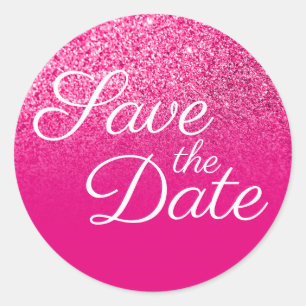 Faux Hot Pink Glitter Ombre Save the Date Classic Round Sticker