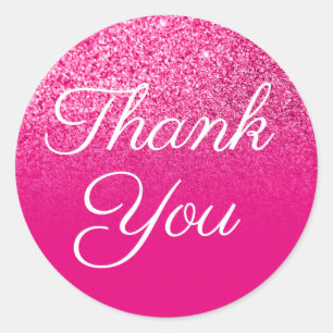 Faux Hot Pink Glitter Ombre Thank You Classic Round Sticker