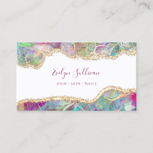 Faux iridescent aquamarine opal business card (Front)