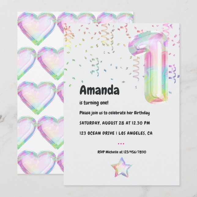 Faux Iridescent Balloon 1st Birthday Invitation (Front/Back)