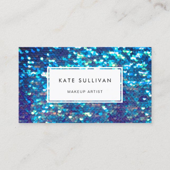 faux iridescent effect mermaid blue sequin business card (Front)