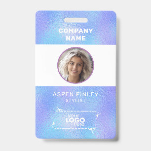 Faux Iridescent Foil Photo Logo QR-Code Name Badge