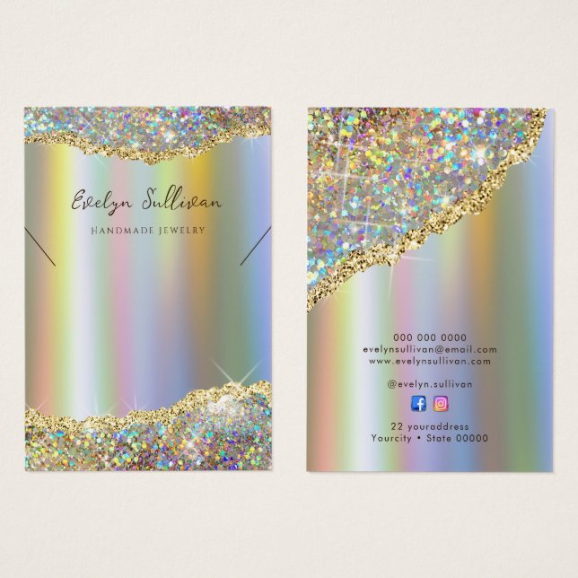 Faux iridescent glitter foil necklace display card (Front & Back)