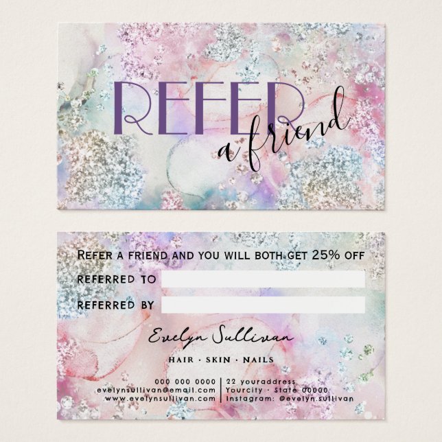 Faux iridescent glitter watercolor referral card (Front & Back)
