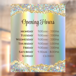 Faux Iridescent Gold Foil Glitter Opening Hours Window Cling