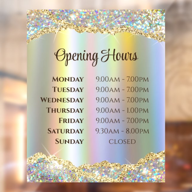 Faux Iridescent Gold Foil Glitter Opening Hours Window Cling (Sheet 2)
