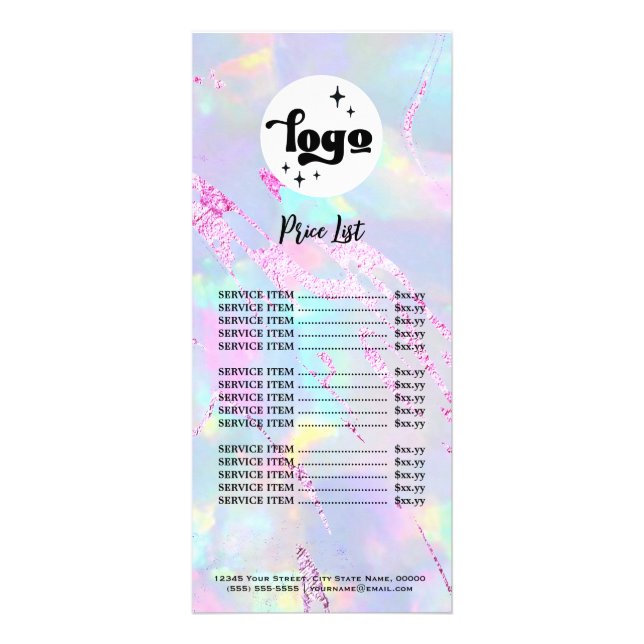 faux iridescent opal purple foil price list rack card (Front)