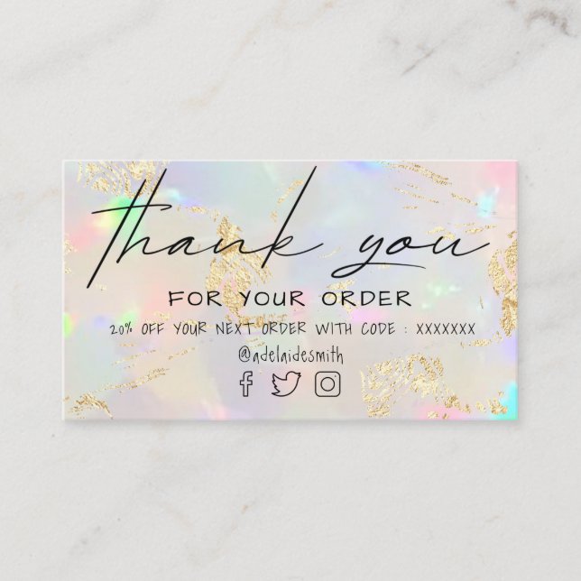 faux iridescent opal thank you business card (Front)