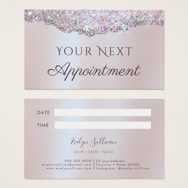 Faux iridescent pink glitter foil appointment card (Front & Back)