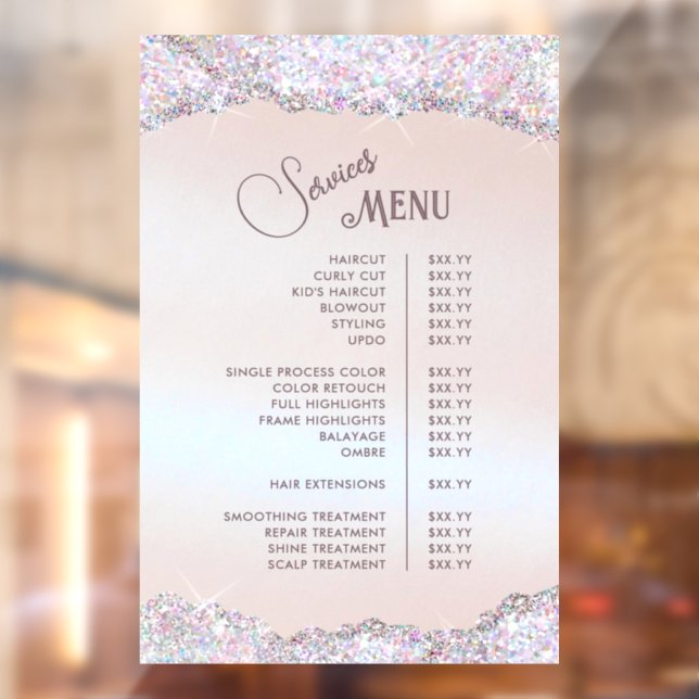 Faux Iridescent Pink Glitter Foil Services Menu Window Cling (Sheet 2)