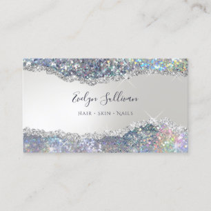 Faux iridescent silver glitter foil business card