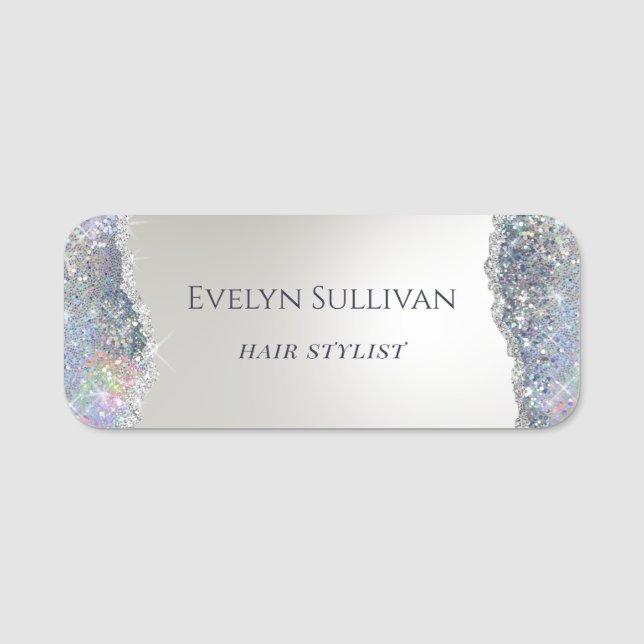 Faux iridescent silver glitter foil name tag (Front)
