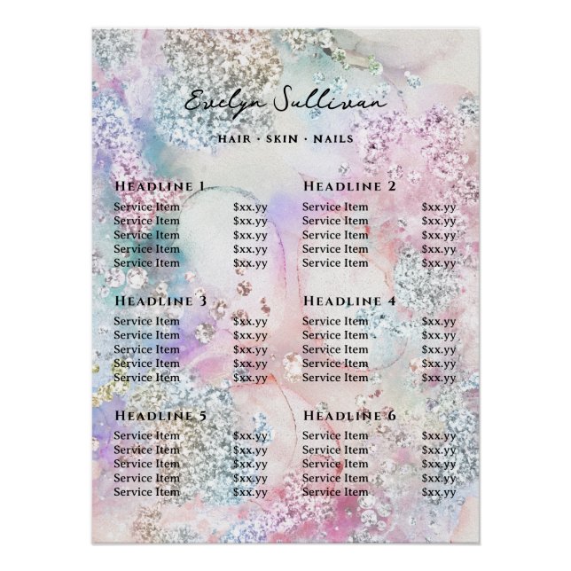 Faux Iridescent Watercolor Glitter Price List Poster (Front)