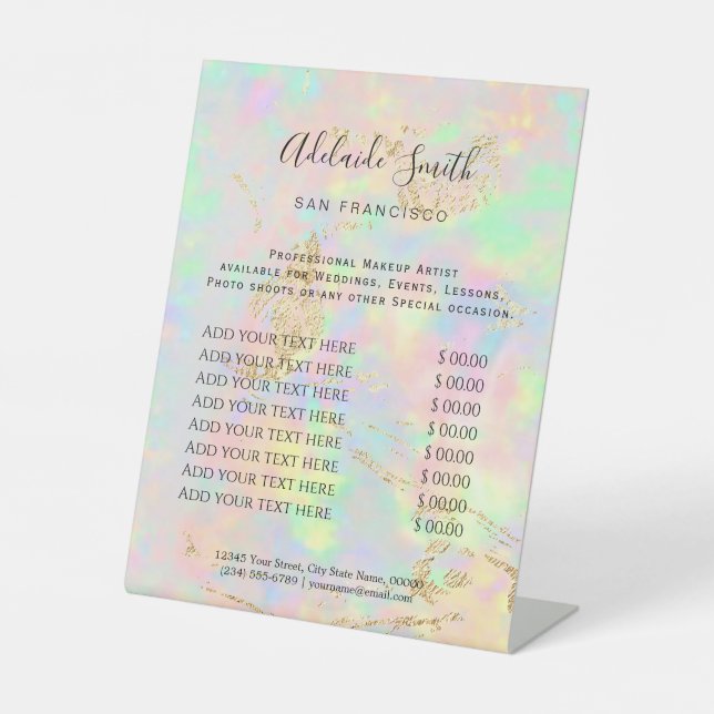 faux iridescent white opal price list  pedestal sign (Front)