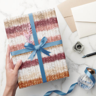 Faux Knitt Red Pink White Orange Stripes Birthday Wrapping Paper