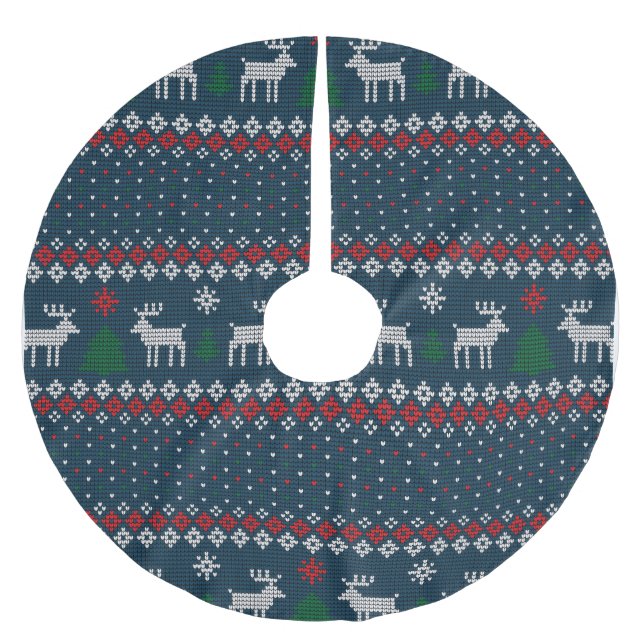 Faux Knitting Pattern Christmas Tree and Deer Brushed Polyester Tree Skirt (Front)