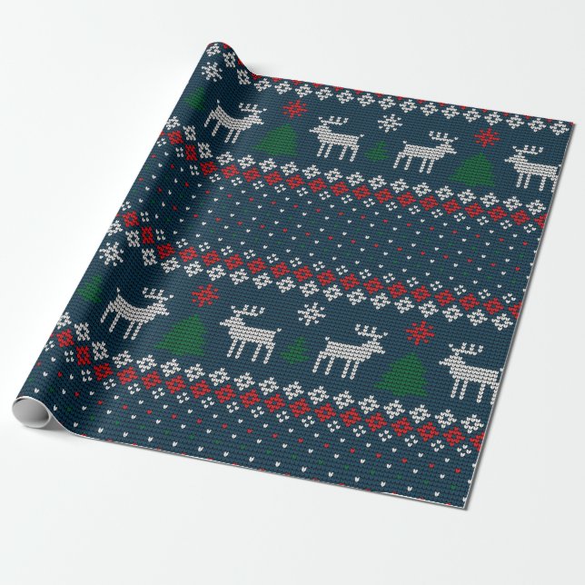 Faux Knitting Pattern Christmas Tree and Deer Wrapping Paper (Unrolled)