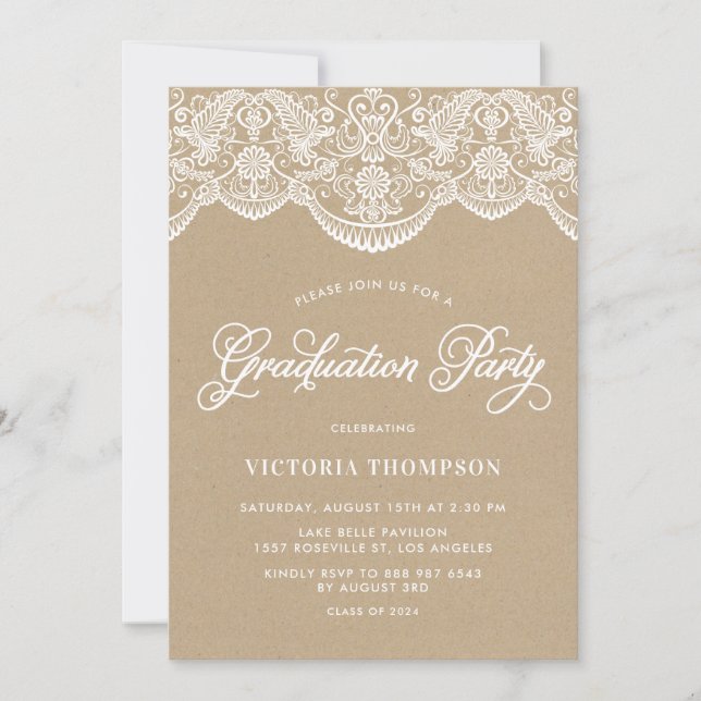 Faux Kraft Brocade Lace Graduation Party Invitation (Front)
