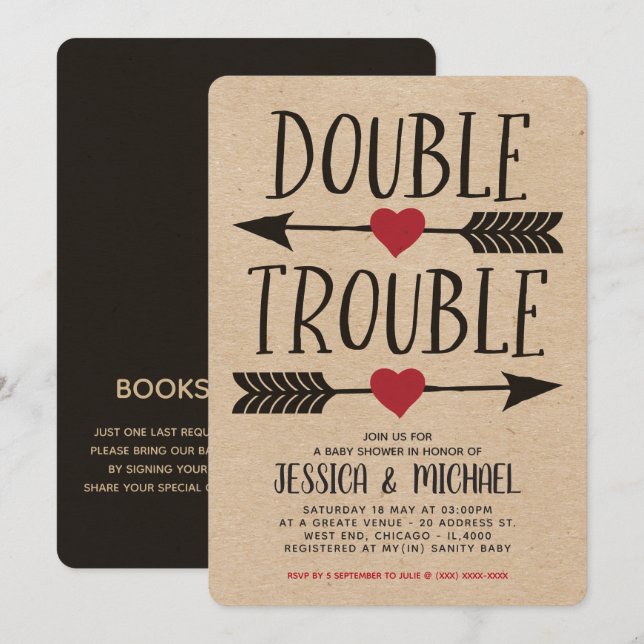 Faux Kraft Double Trouble Twin Baby Shower Invitation (Front/Back)