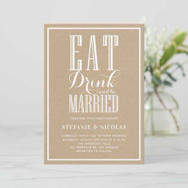Faux Kraft Eat, Drink and Be Married Wedding Invitation (Standing Front)
