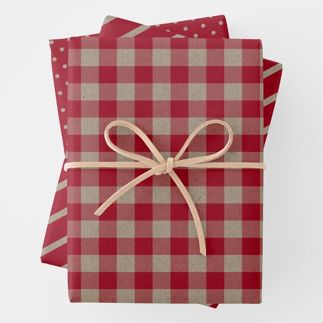 Faux Kraft Paper With Plaid, Stripes & Polka Dots (Faux Brown & Red Kraft Paper w/ Plaid, Stripes & Polka Dots)