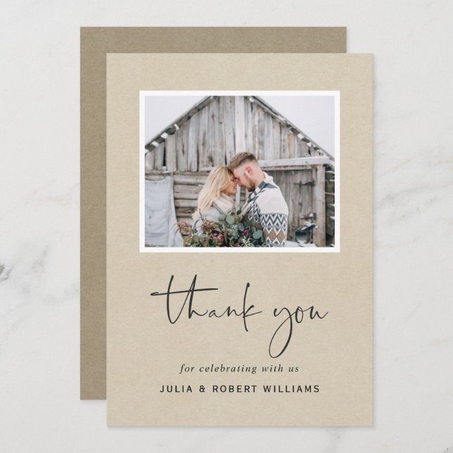 Faux Kraft Rustic Wedding 2 Photo Thank You Card (Front/Back)