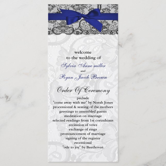 Faux lace and ribbon navy blue wedding programs (Front)