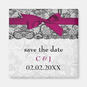 Faux lace and ribbon pink, black save the date magnet