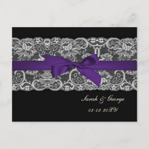 Faux lace and ribbon purple black save the date announcement postcard