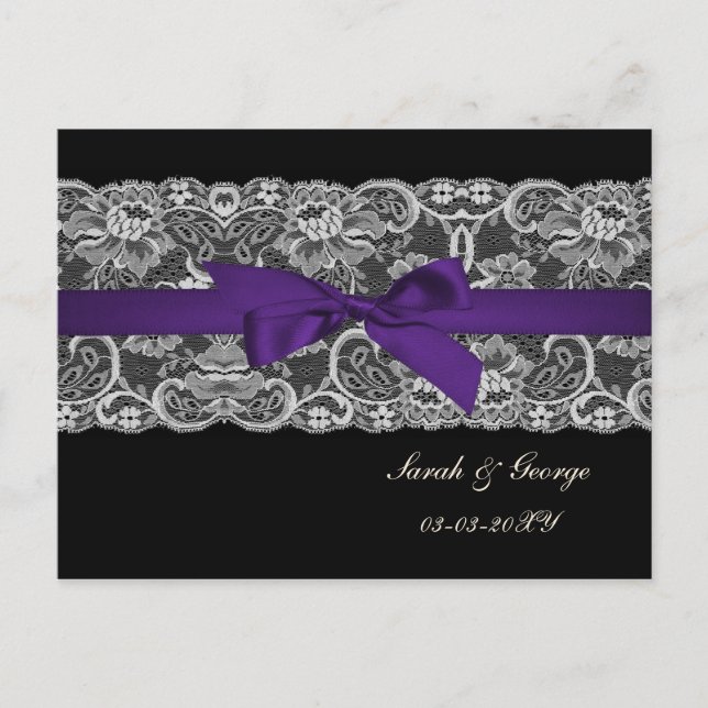 Faux lace and ribbon purple black  save the date announcement postcard (Front)