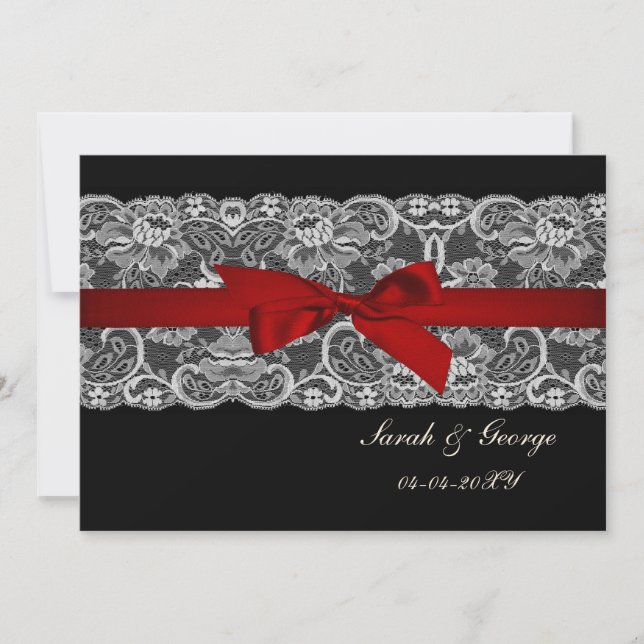 Faux lace and ribbon red, black  save the date (Front)
