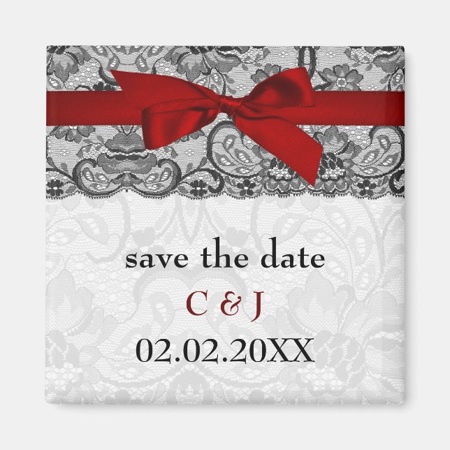 Faux lace and ribbon red, black  save the date magnet (Front)