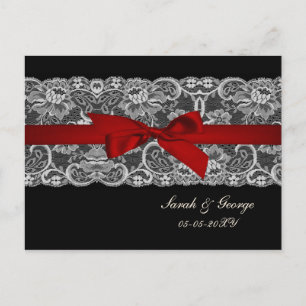 Faux lace and ribbon red , black wedding rsvp invitation postcard