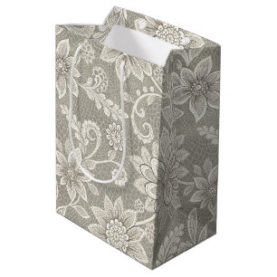 Faux Lace Ivory on Silver Grey Retirement Wedding Medium Gift Bag