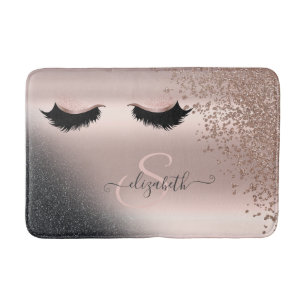Faux Lashes Black Glitter Diamonds Rose Gold  Bath Mat