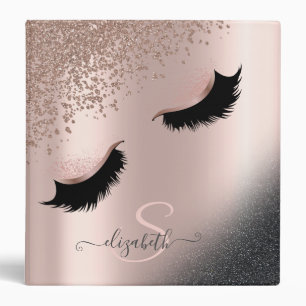 Faux Lashes Black Glitter Diamonds Rose Gold Binder