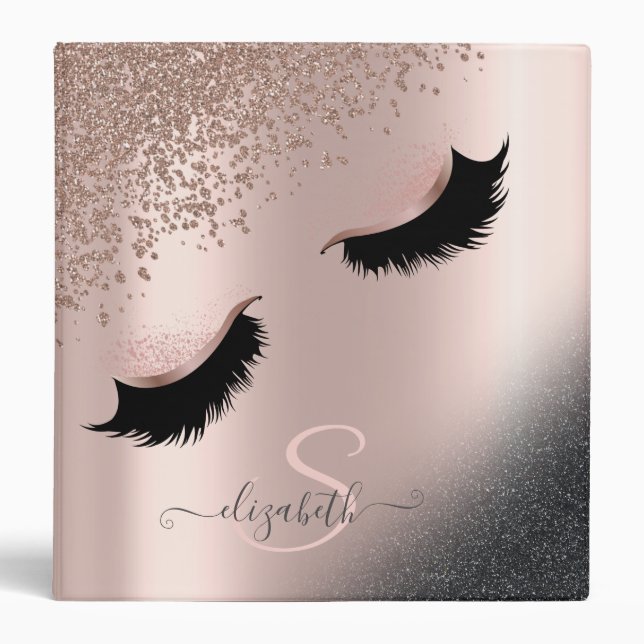 Faux Lashes Black Glitter Diamonds Rose Gold Binder (Front)