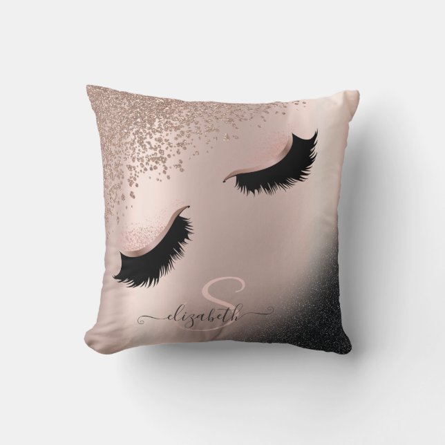 Faux Lashes Black Glitter Diamonds Rose Gold Throw Pillow (Front)