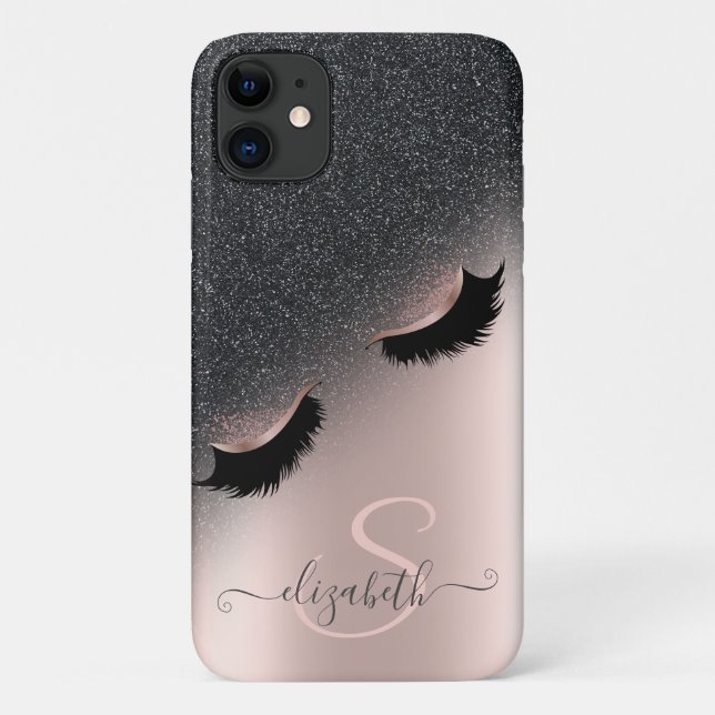 Faux Lashes Black Glitter Ombre Rose Gold Case-Mate iPhone Case (Back)