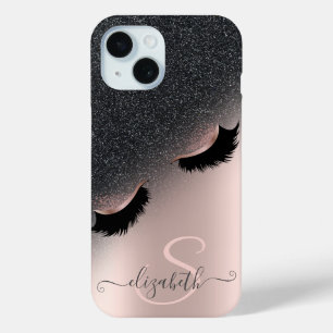 Faux Lashes Black Glitter Ombre Rose Gold iPhone 15 Case