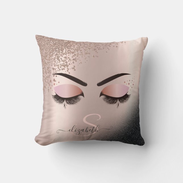Faux Lashes Black Rose Gold Glitter Diamonds Throw Pillow (Front)
