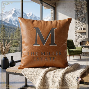 Faux Leather Brown Rustic Monogram Throw Pillow