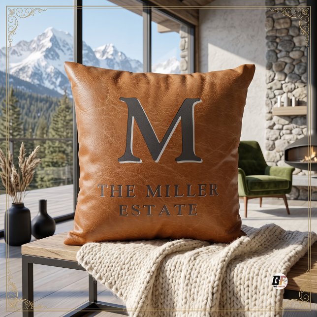 Faux Leather Brown Rustic Monogram Throw Pillow (Creator Uploaded)