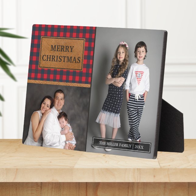 Faux Leather Buffalo Plaid Christmas Photo Collage Plaque (Creator Uploaded)