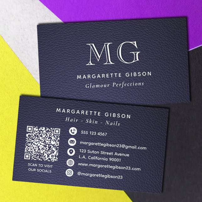 Faux leather Dark Blue and White Monogram QR Code Business Card (Creator Uploaded)
