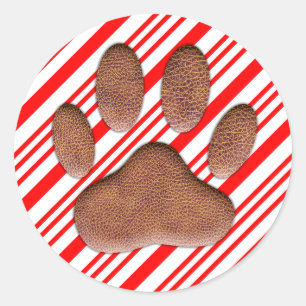 Faux Leather Dog Pawprint Candy Cane Classic Round Sticker