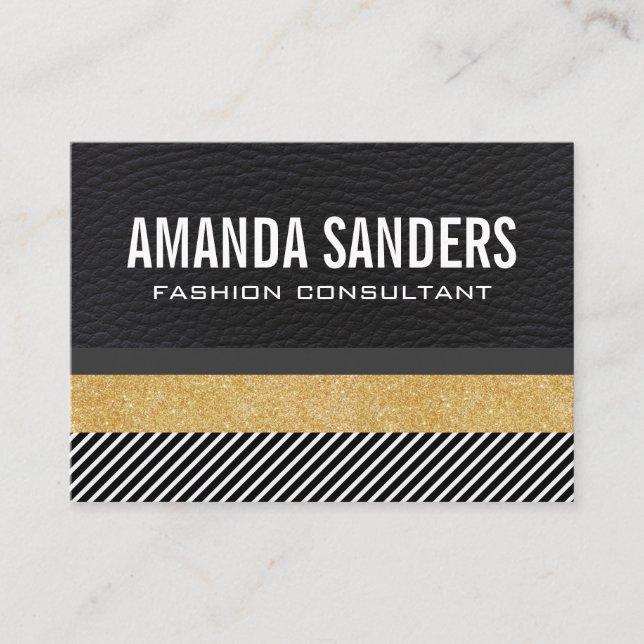 Faux Leather Glitter and Stripes Business Card (Front)